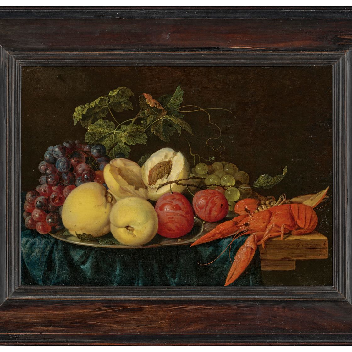 Jan Davidsz. de Heem — Фрукты на серебряном блюде с омарами на частично задрапированном столе, изображение 2