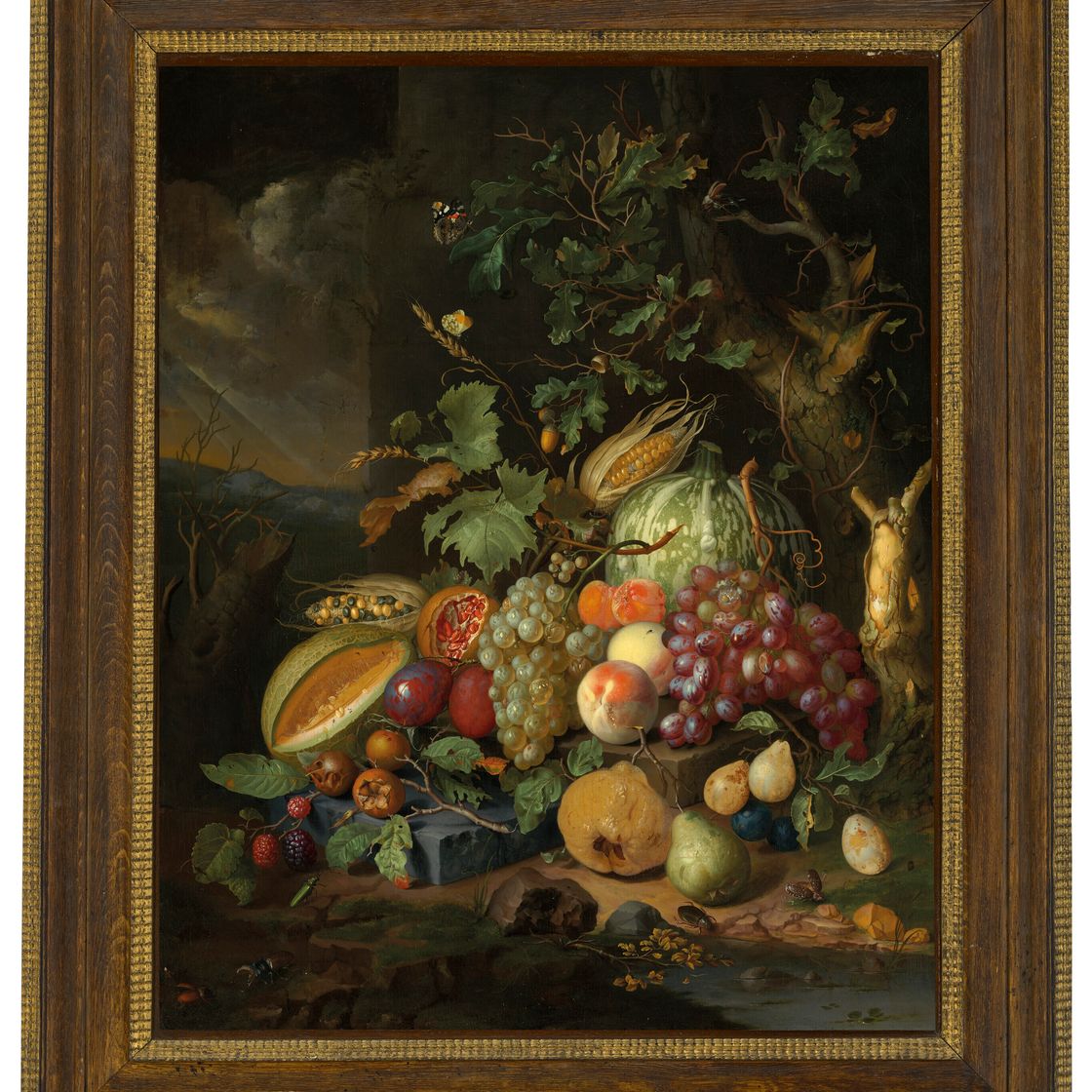 Jan Davidsz. de Heem — Дыни, персики, виноград, сливы и другие фрукты и овощи с насекомыми на лесной подстилке, изображение 2