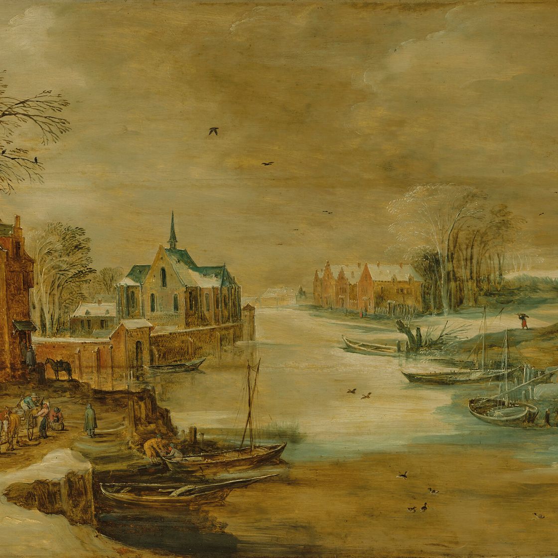 Jan I Brueghel — Зимний речной пейзаж с путешественниками на тропинке, изображение 1