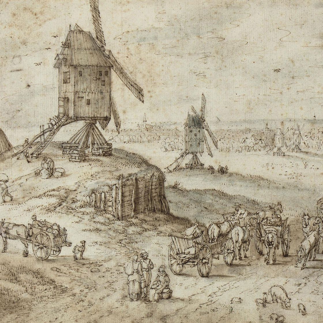 Jan I Brueghel — Пейзаж с ветряными мельницами, путешественниками и повозками на переднем плане и городом за ним.