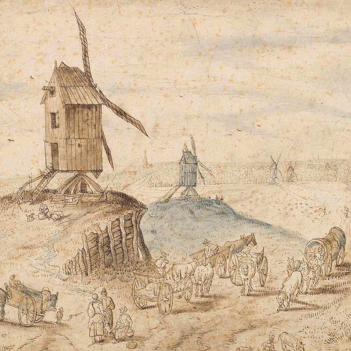 Jan I Brueghel — Пейзаж с ветряными мельницами, путешественниками и повозками на переднем плане и городом за ним.