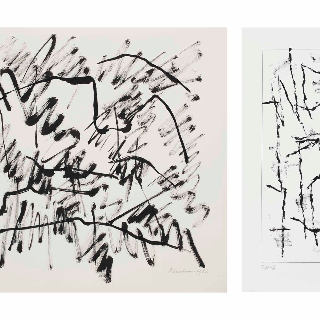 Jan Schoonhoven — (i) Т83-30 с подписью и датой "Шунховен - 1983" (внизу справа); с подписью, названием и датой "Ян Дж. Шунховен - 1983" (на обороте), чернилами на бумаге размером 50 х 60 см. Выполнено в 1983 году (ii) Т90-7, подписано и датировано "Шунховен, 1990" (внизу справа); озаглавлено "Т90-7" (внизу слева); подписано, озаглавлено и датировано "Ян Дж. Шунховен, 1990 "Т90-7"" (на обороте) чернилами на бумаге размером 50 x 32 см. Казнен в 1990 году