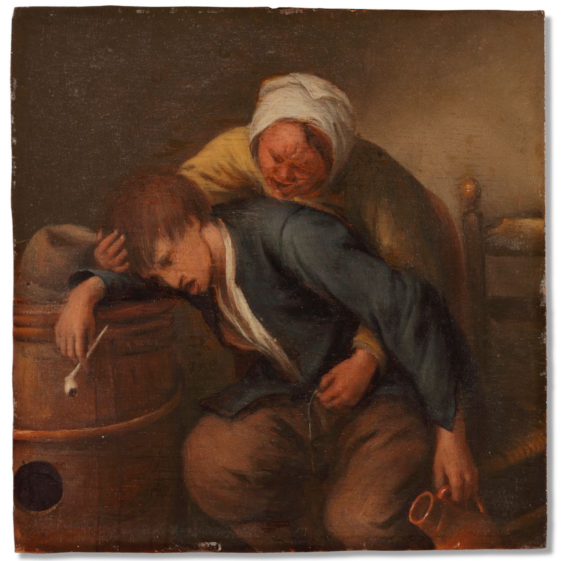 Jan Steen — Пьяный молодой человек опирается на бочку, а пожилая дама крадет у него кошелек