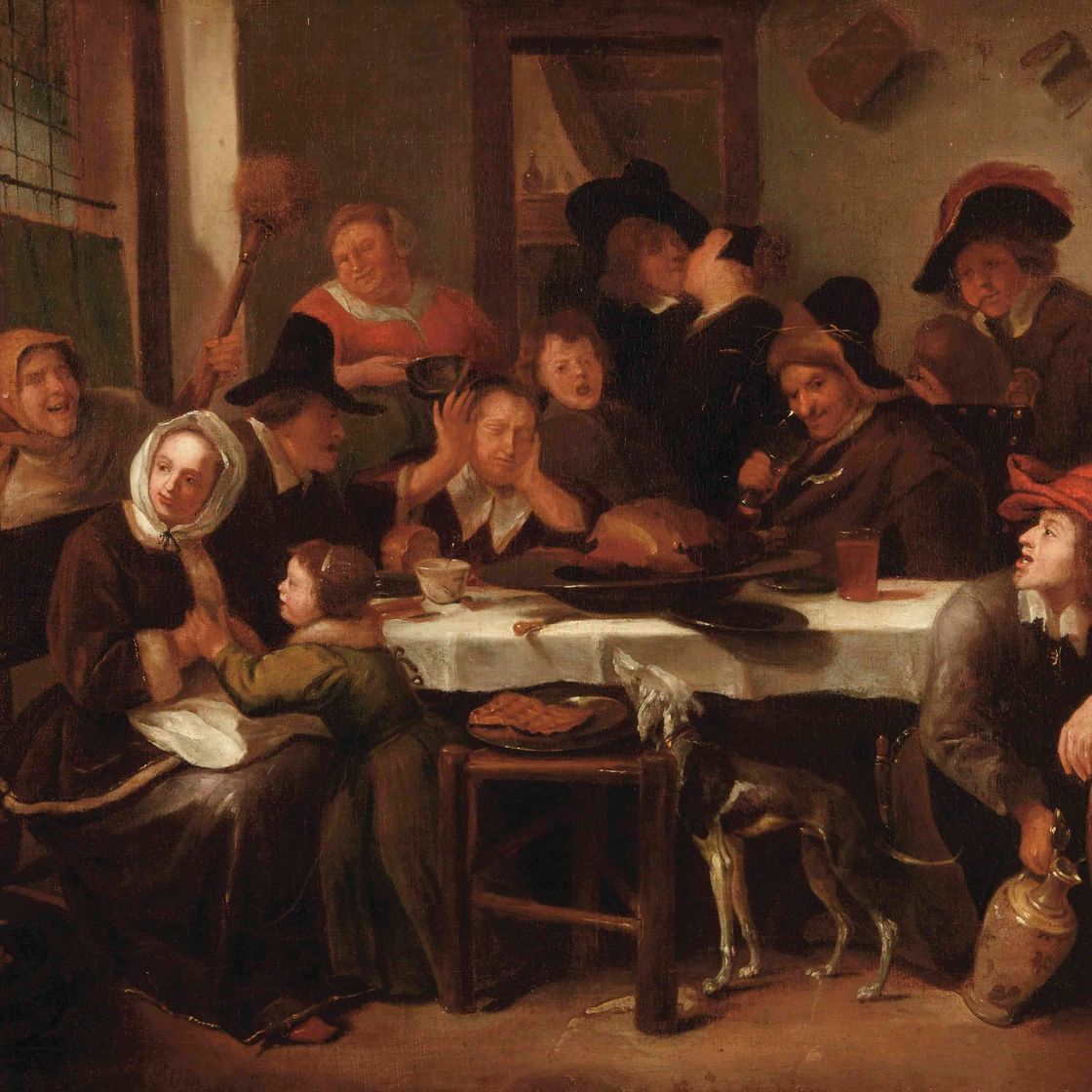 Jan Steen — Веселая компания, которая ест и пьет в уютном интерьере