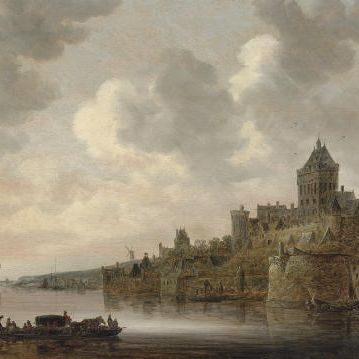 Jan van Goyen — Вальхоф в Неймегене, на переднем плане - карета и четверо пассажиров на пароме по реке Ваал