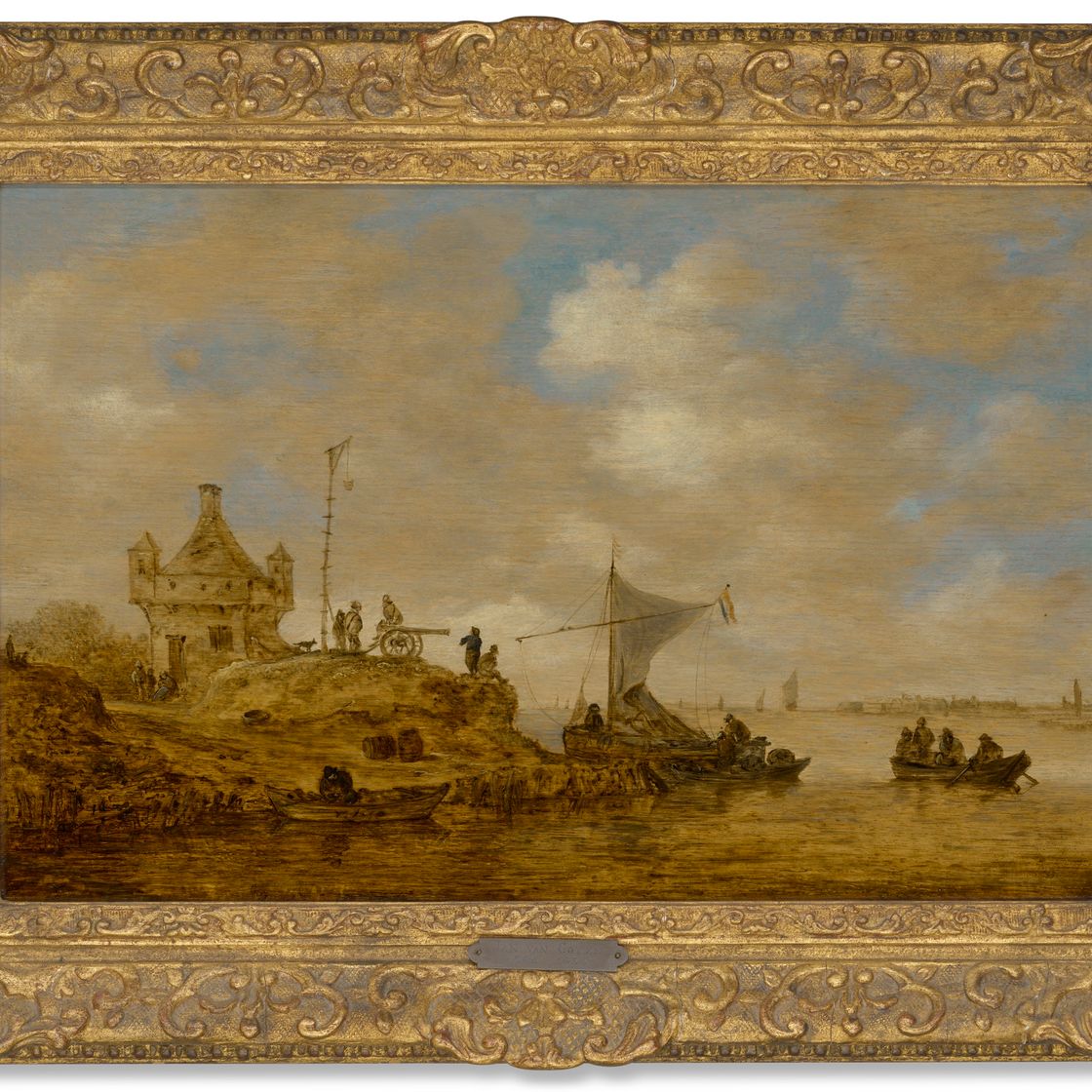 Jan van Goyen — Речной пейзаж с паромной переправой и крестьянами у сторожевой башни и пушки