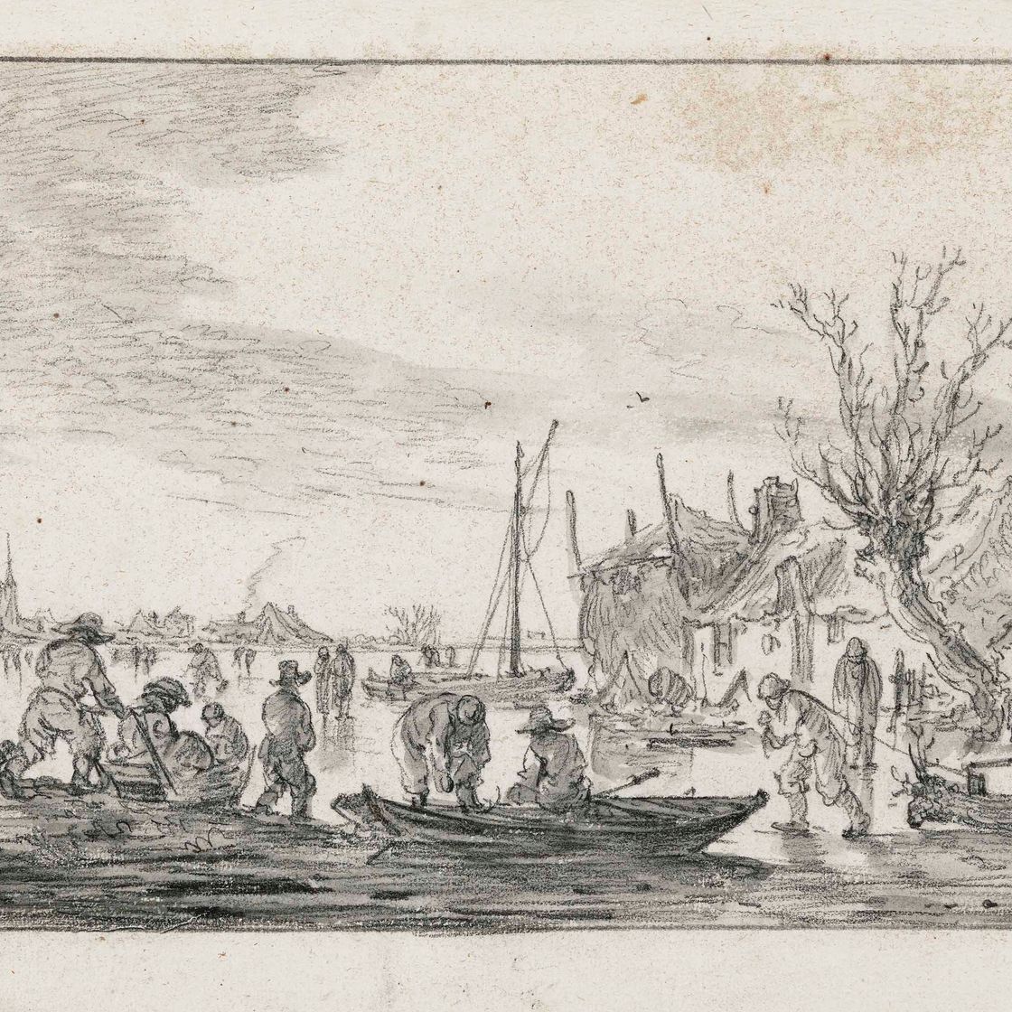 Jan van Goyen — Фигуры и конькобежцы на замерзшей реке, деревня за ней