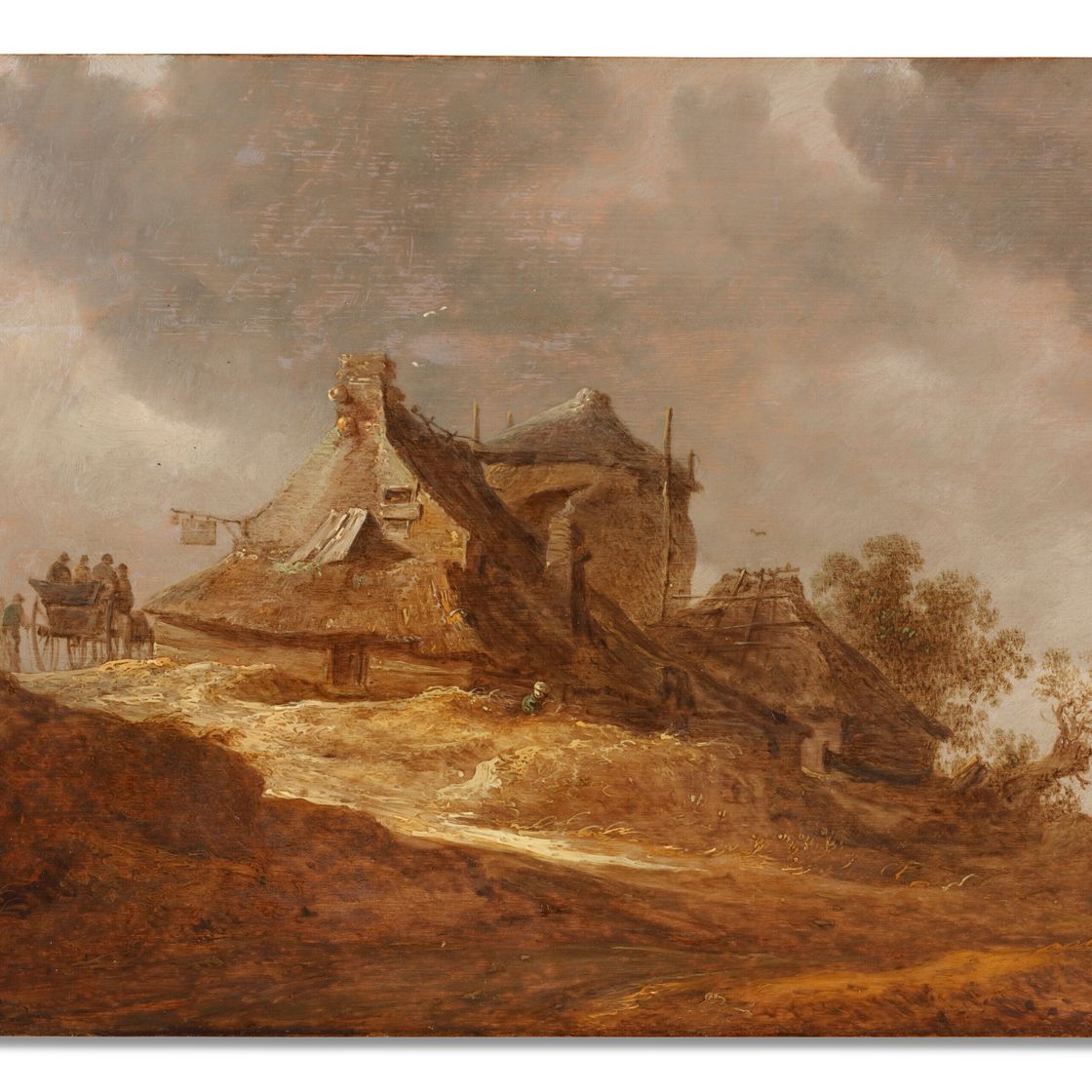 Jan van Goyen — Дюнный пейзаж с путешественниками возле гостиницы и церковью вдалеке.