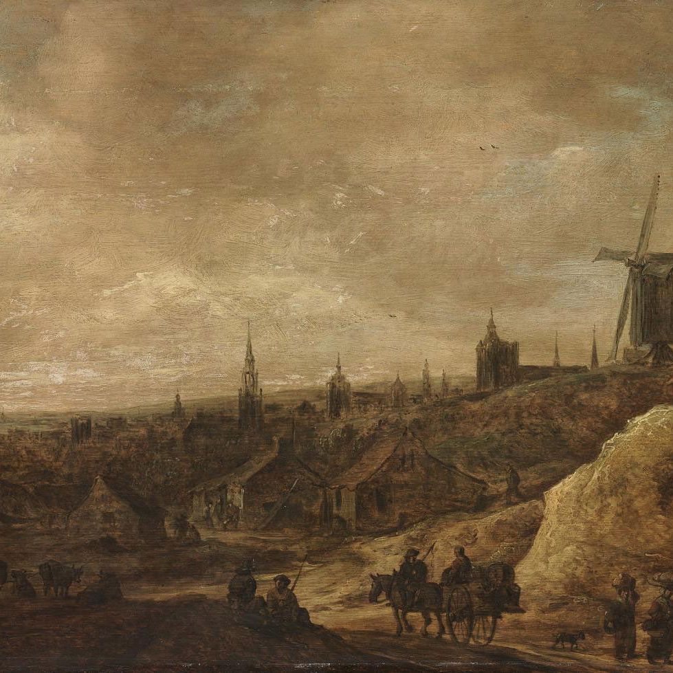 Jan van Goyen — Деревенский пейзаж с ветряной мельницей, крестьяне с лошадью и экипажем на рельсах.