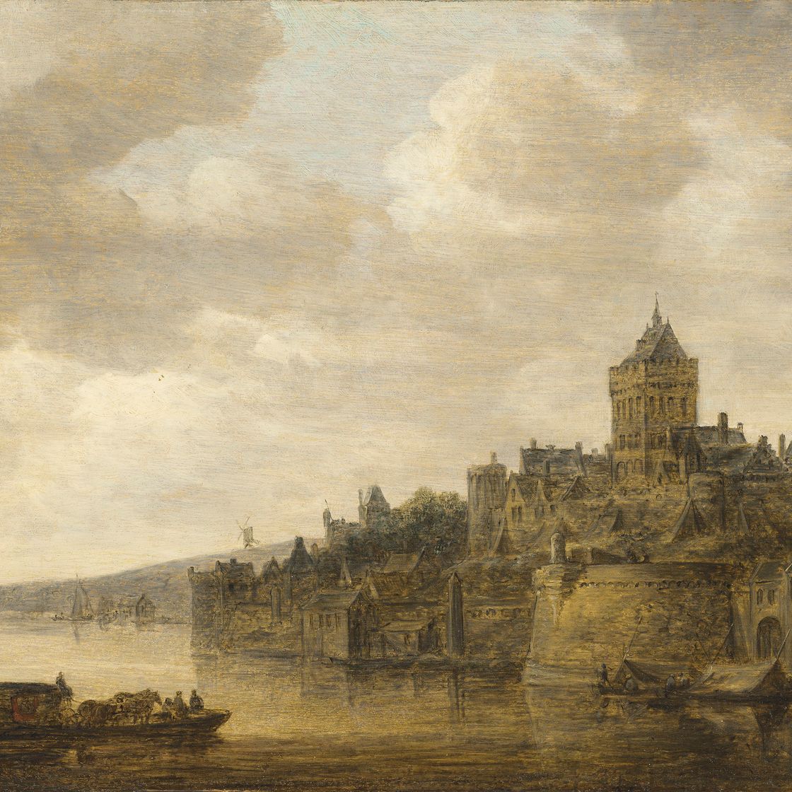 Jan van Goyen — Вальхоф в Неймегене, с каретой и лошадьми на пароме по реке Ваал