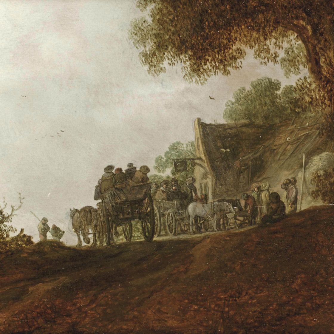 Jan van Goyen — Пейзаж с путешественниками на дороге и двумя повозками перед гостиницей