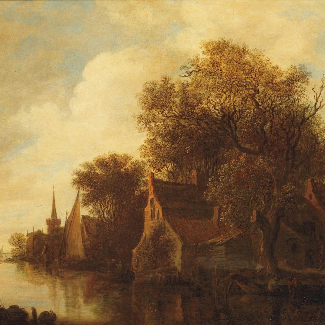 Jan van Goyen — Речной пейзаж с фигурами в лодке за пределами деревни
