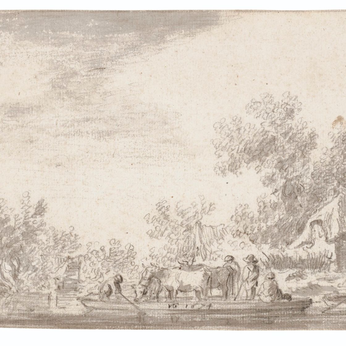 Jan van Goyen — Речной пейзаж с паромом, перевозящим скот и крестьян