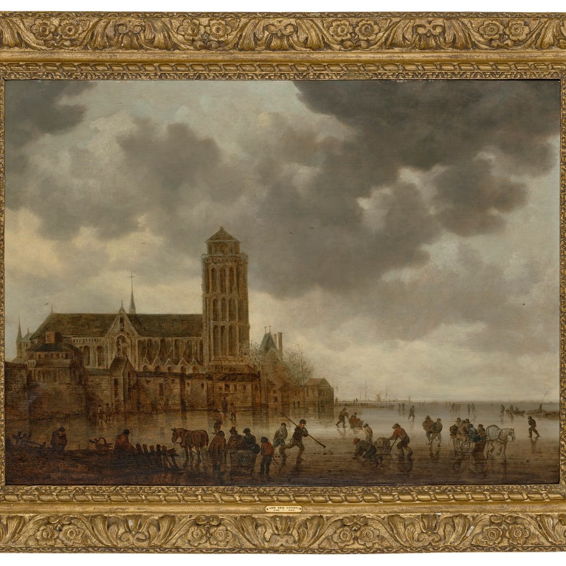 Jan van Goyen — Зимний пейзаж с фигуристами на льду у укрепленного города и церкви