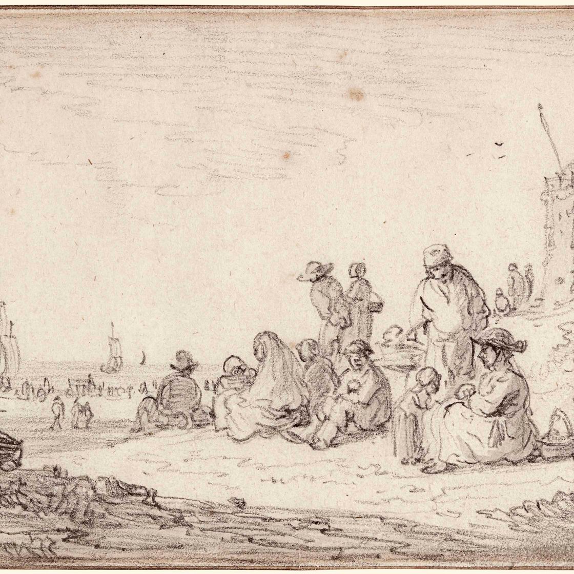 Jan van Goyen — Фигуры, сидящие в дюнах, справа от башни, в ожидании возвращения рыболовецкой флотилии
