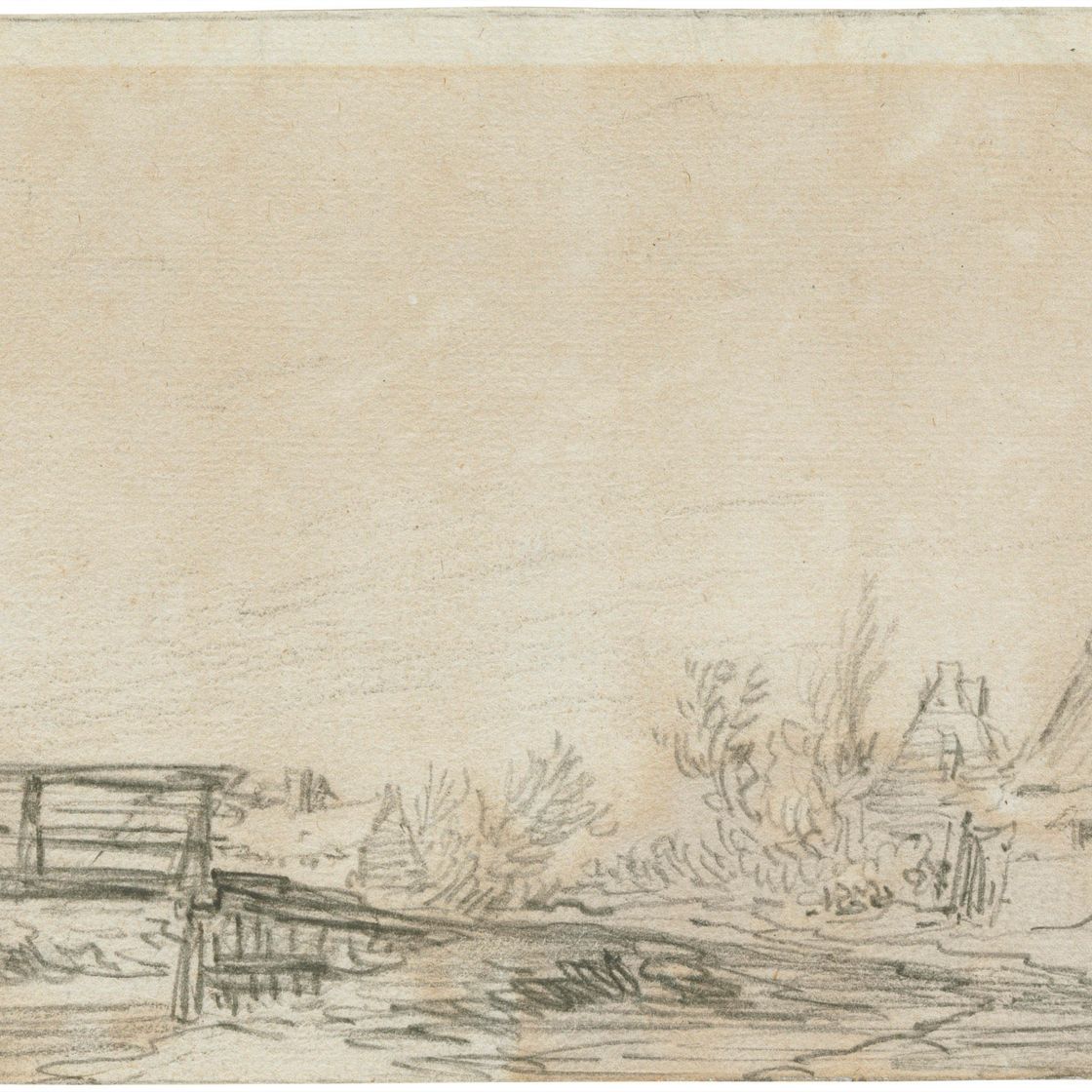 Jan van Goyen — Пейзаж с двумя фигурами, приближающимися к мосту, и коттеджами справа