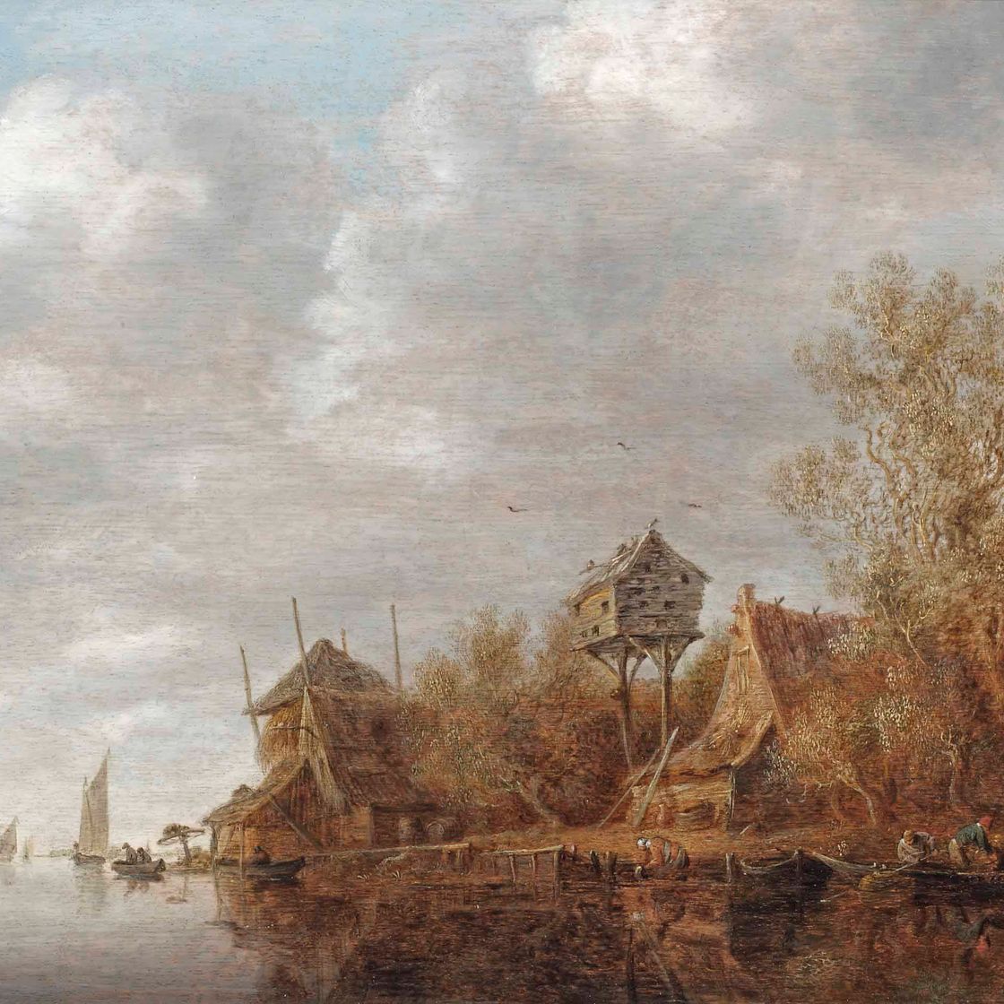 Jan van Goyen — Речной пейзаж с фермерскими домами и голубятней на правом берегу, а также несколько парусных лодок и других рыболовецких судов на воде.