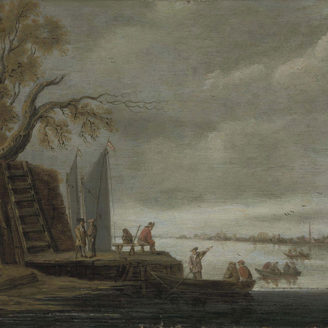 Jan van Goyen — Лесистый речной пейзаж с фигурами на причале и лодками, пересекающими реку, город за ним.