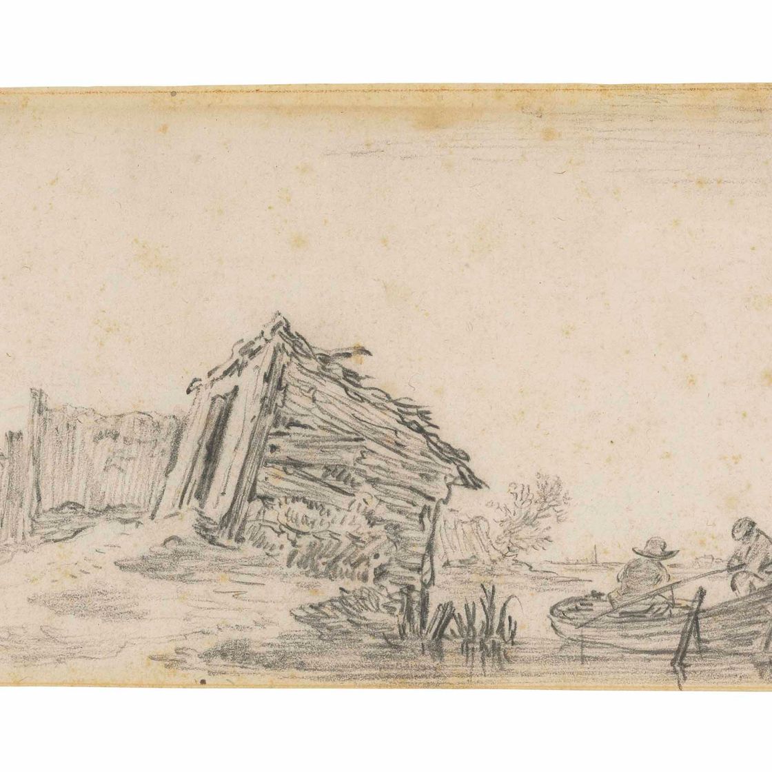 Jan van Goyen — Рыбаки в весельной лодке, покосившаяся лачуга на берегу