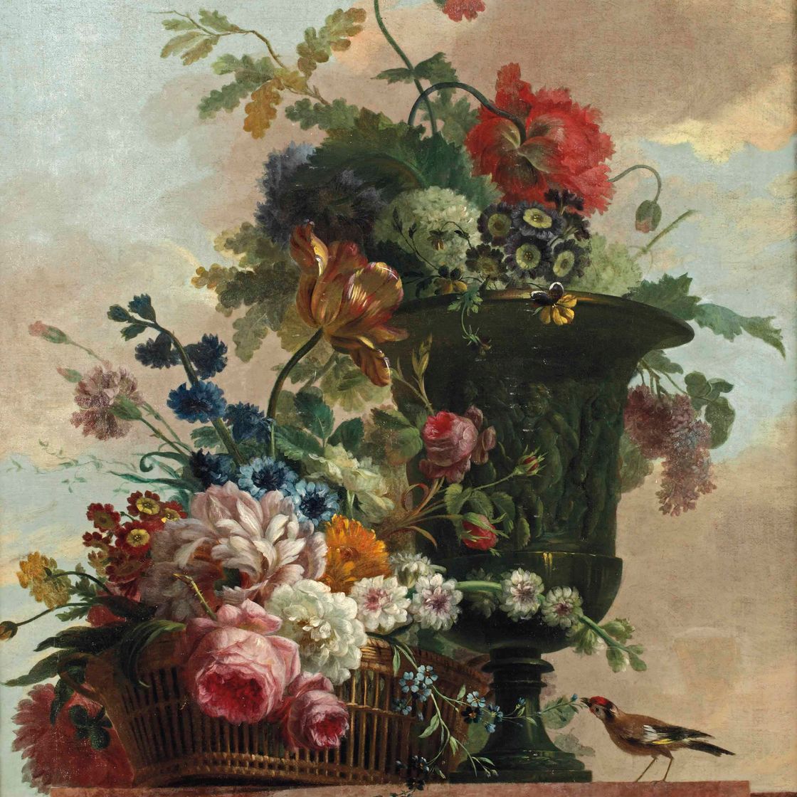 Jan van Huysum — Плетеная корзина с розами, пионами, тюльпанами и другими цветами в скульптурной вазе, с птицей на мраморном выступе