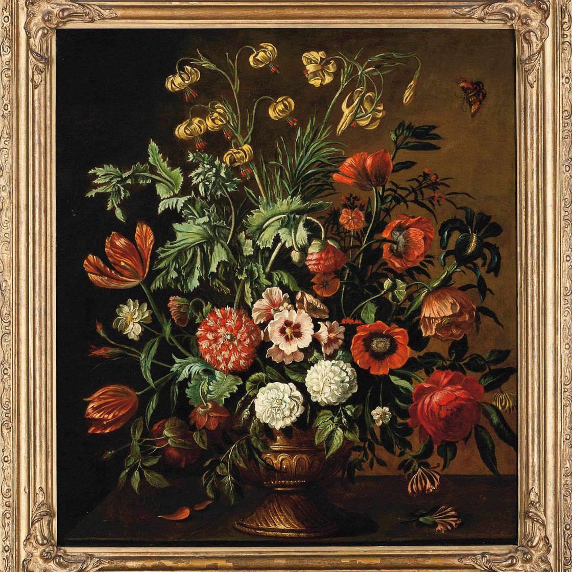 Jan van Huysum — Гвоздики, розы, маки, тюльпаны, нарциссы и другие цветы в скульптурной вазе на карнизе с бабочкой
