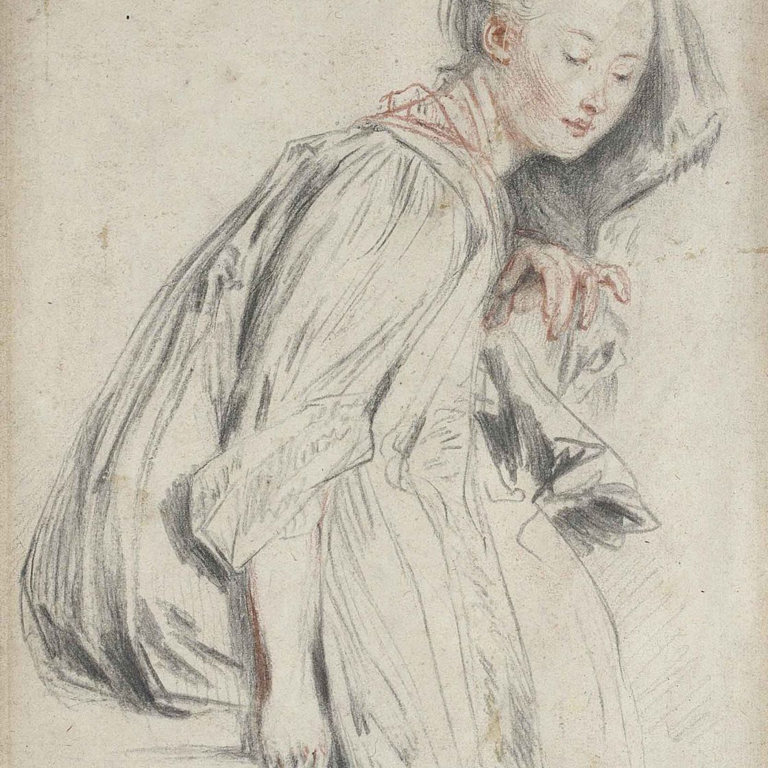 Jean Antoine Watteau — Сидящая молодая женщина в свободном одеянии, с опущенными глазами