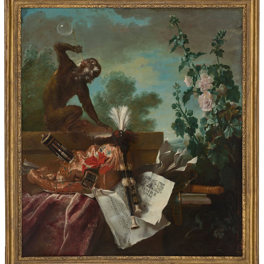 Jean Baptiste Oudry — Аллегория воздуха: музыкальный натюрморт с обезьянкой, пускающей мыльные пузыри, мюзетт, флейтой и партитурами, изображение 2