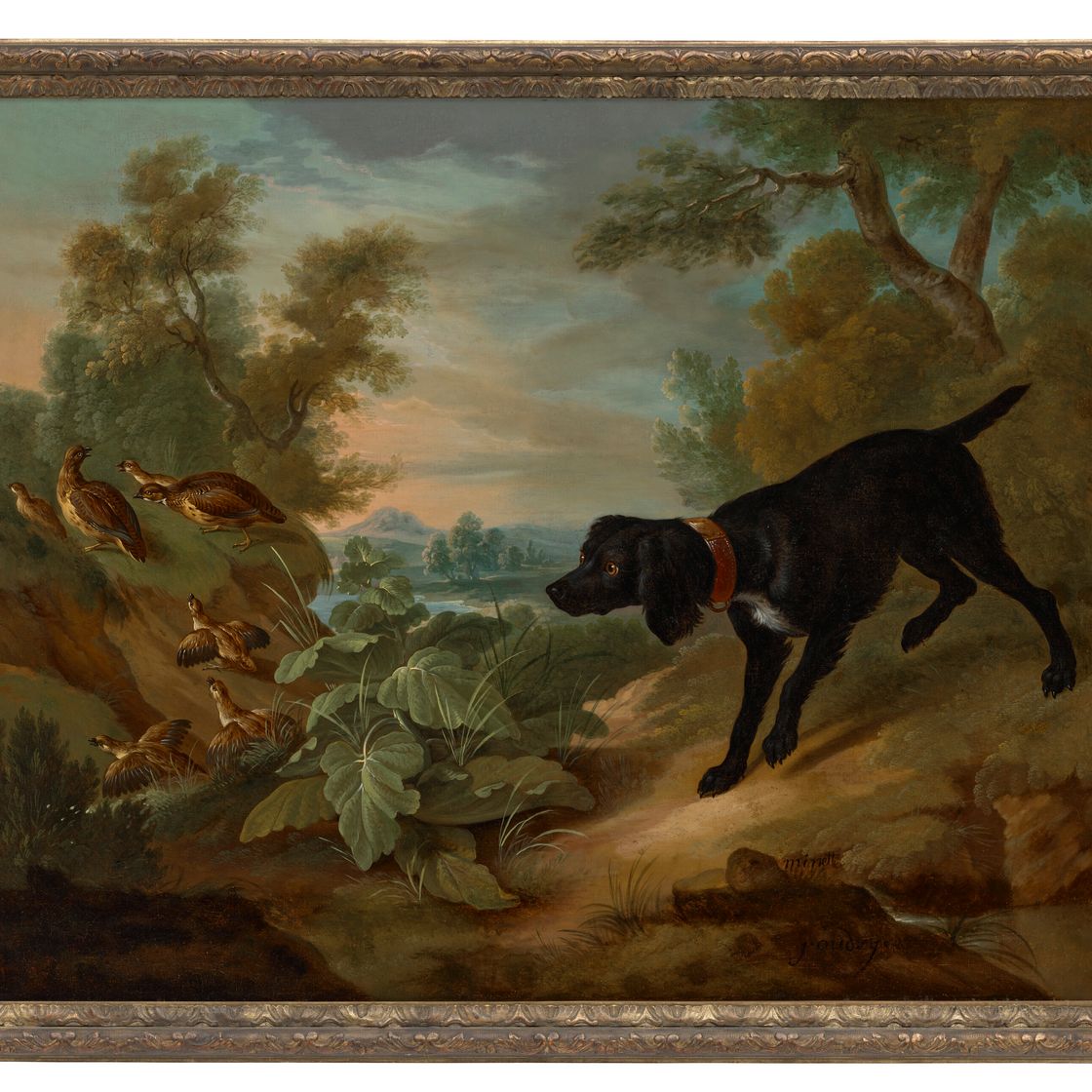 Jean Baptiste Oudry — Морико показывает на пару куропаток на фоне пейзажа, а Минетт - на стайку куропаток на фоне пейзажа, изображение 4
