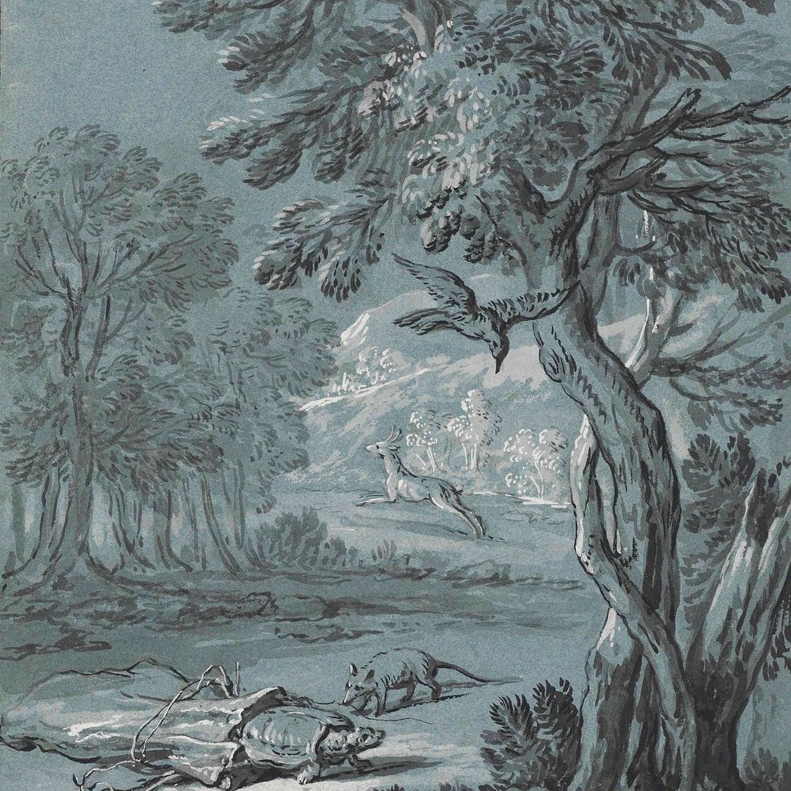 Jean Baptiste Oudry — Иллюстрация к одной из басен Жана де Лафонтена: Ворона, газель, черепаха и крыса (III)