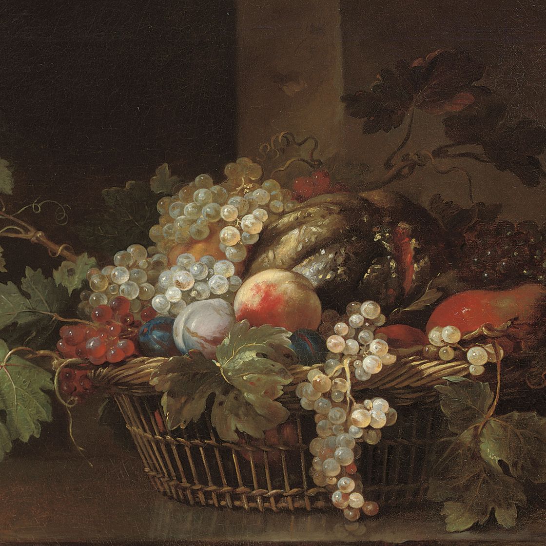 Jean Baptiste Oudry — Персики, виноград, сливы, груши и дыня в плетеной корзине