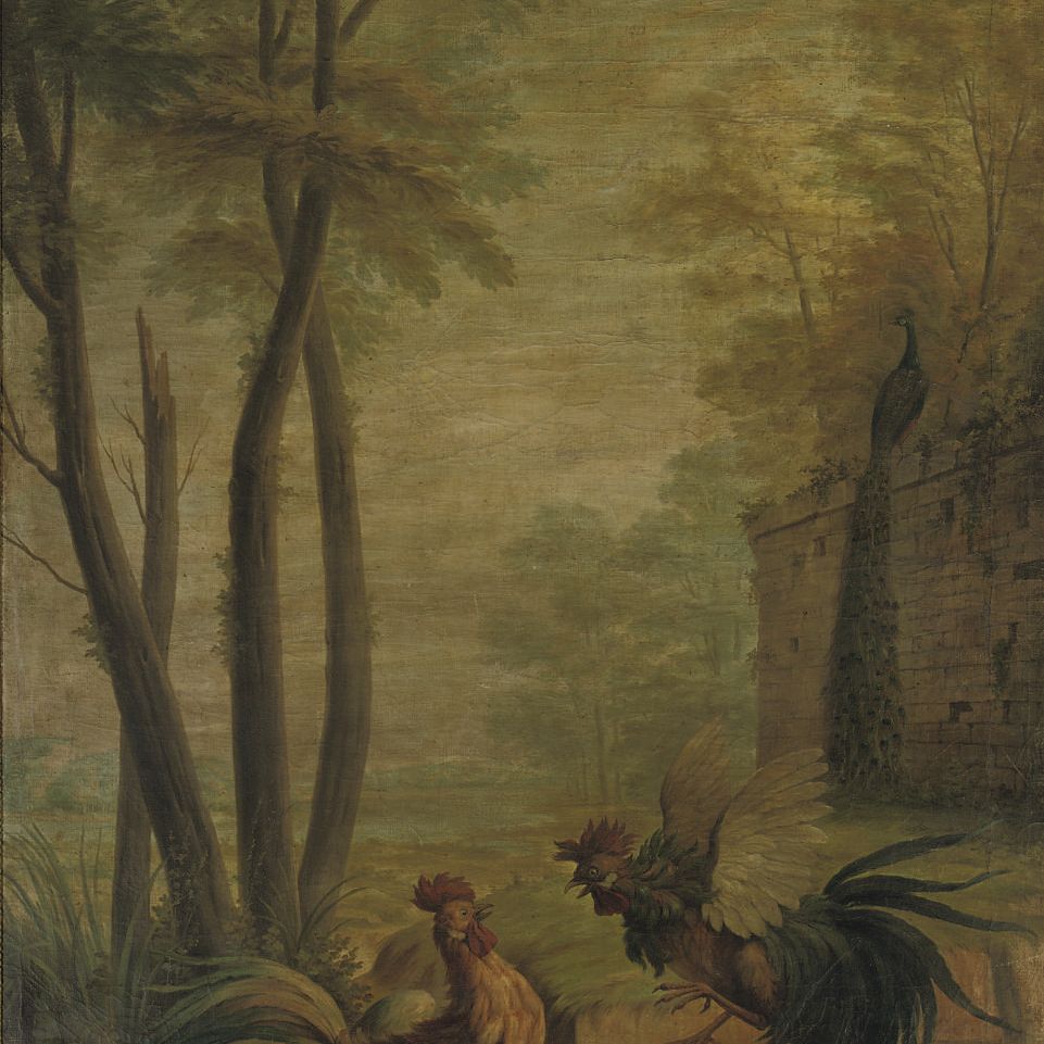 Jean Baptiste Oudry — Два бойцовых петуха у пруда в парковом пейзаже