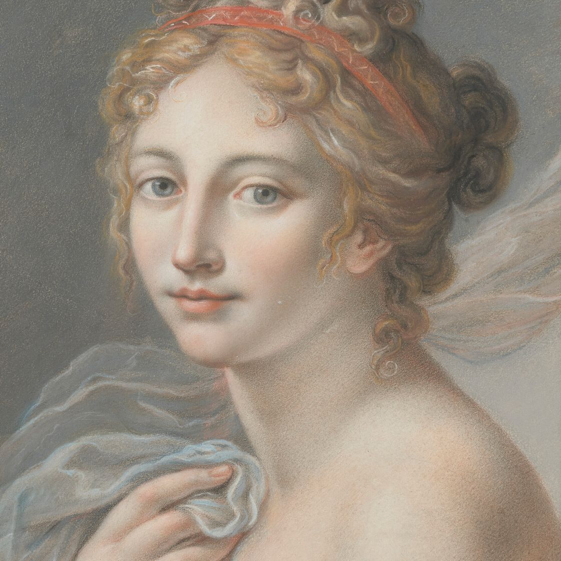 Jean Baptiste Regnault — Портрет молодой женщины в полный рост, с красной лентой в волосах и шарфом в правой руке., изображение 1