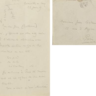 Jean Cocteau — Письмо с автографом, адресованное Жану Кокто от Андре Жида, Кювервиль, 22 января 1919 года... Мой дорогой Жан, да, я чувствую, что ты прав насчет навязчивого упорства, с которым некоторые мотивы Шапочки звучат у меня в голове: "Твоя атласная ножка, тщательно подобранная.../Я возвращаюсь в Париж завтра вечером и буду безмерно рад снова тебя увидеть". Марк пишет мне, что "каждый вечер в парижском казино тебя привлекает захватывающий дух аттракцион, и я "не должен его пропустить", - говорит Жак Эмиль. Мы сходим туда. Его адрес: авеню Моцарта, 74. он действительно болтает о том о сем./ с уважением, Андре Жид; с соответствующим конвертом.