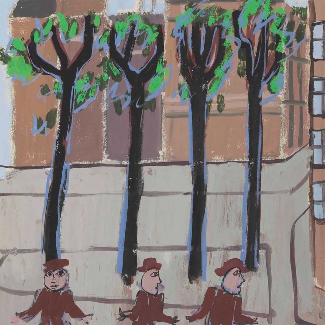 Jean Dubuffet — Улица в Париже, рядом с четырьмя деревьями и тремя персонажами (Площадь Эстрады)