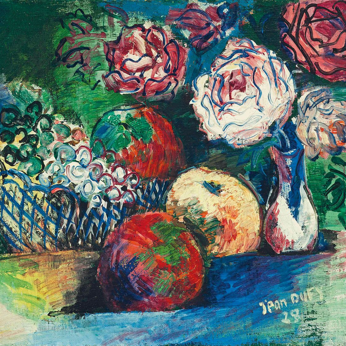 Jean Dufy — Корзина из фруктов и букет из роз