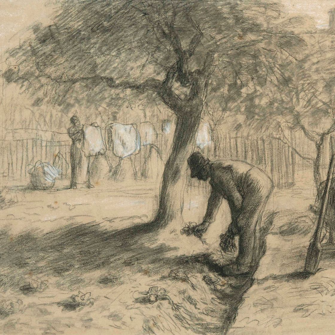 Jean Francois Millet — Мужчина, украшенный цветами на дереве, и женщина, готовая к путешествию по Арьерре ("Жардиньерка")