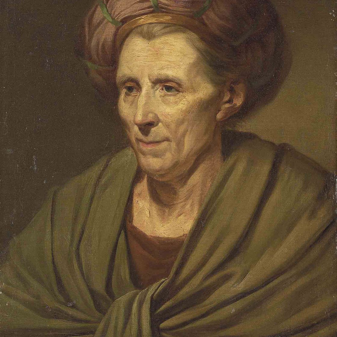 Jean-Baptiste Greuze — Портрет женщины, длиной до груди, в коричневом тюрбане и зеленой шали