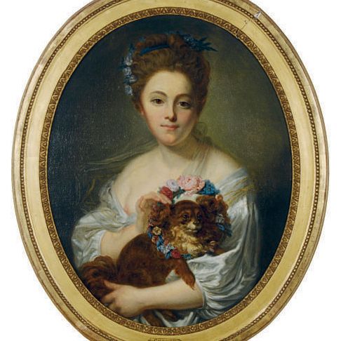 Jean-Baptiste Greuze — Портрет девушки со своим спаниелем в венке из цветов