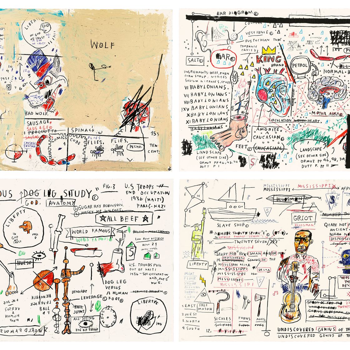 Jean-Michel Basquiat — Колбаса "Волчья", бренд "Кинг", Исследование собачьих лапок, Нераскрытый гений
