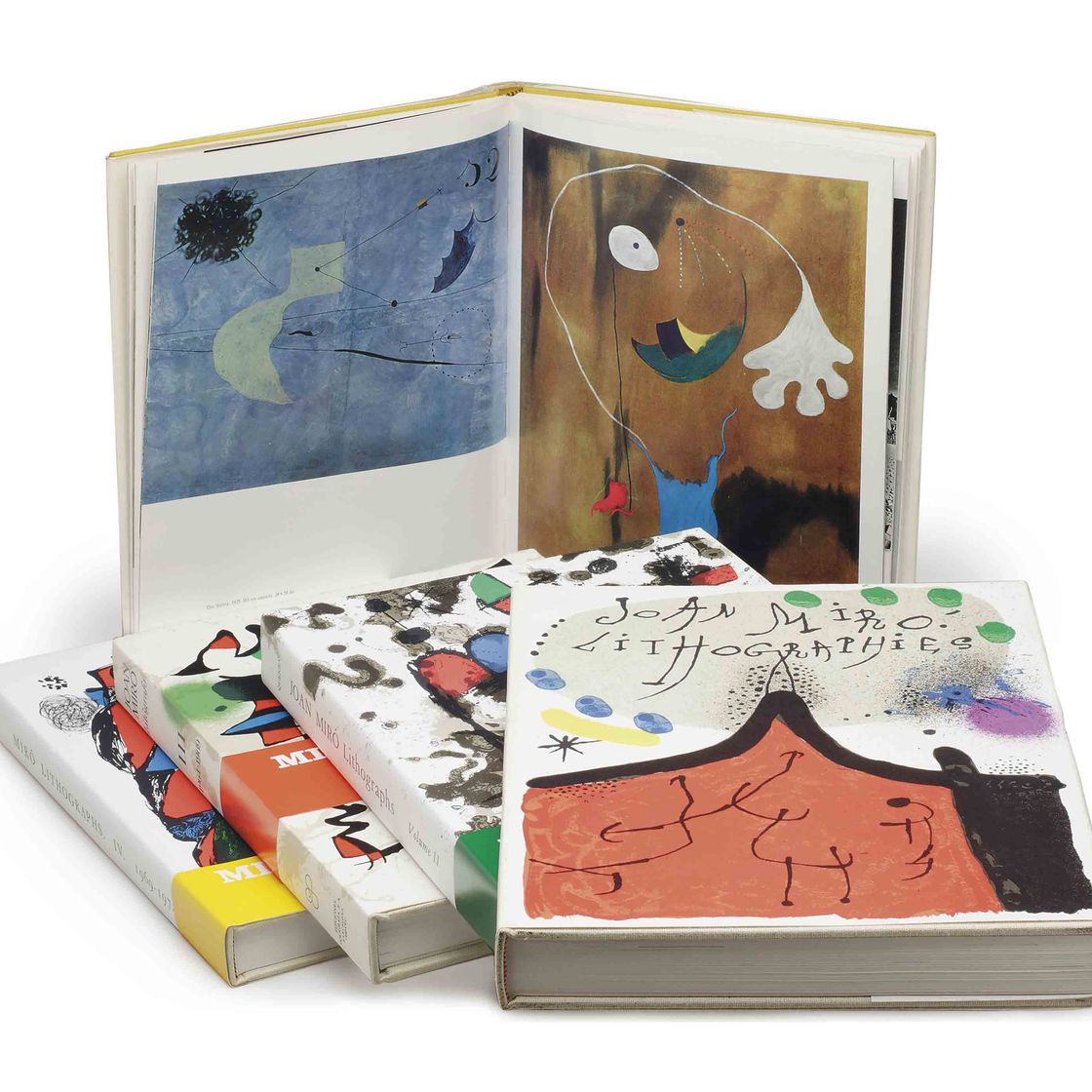 Joan Miró — Тома I-IV литографий Жоана Миро, издательство "Тюдор Паблишинг Компани", Леон Амиэль, издательство "Полиграфа С.А." и главный редактор, Нью-Йорк, Барселона и Париж, 1972-1981, (М. 854-65, 1036-47, 1112-17, 1255-60; С. 160, 198, 230 и 249).
