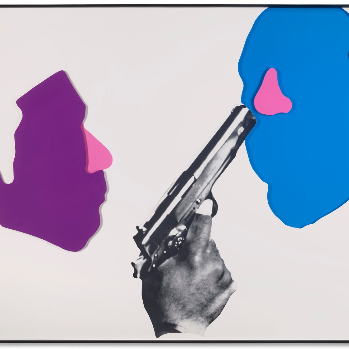 John Baldessari — Носы, уши и т.д. (Часть вторая): (Фиолетовое) лицо и (Синее) Лицо с (розовыми) носами, ушами и пистолетом.