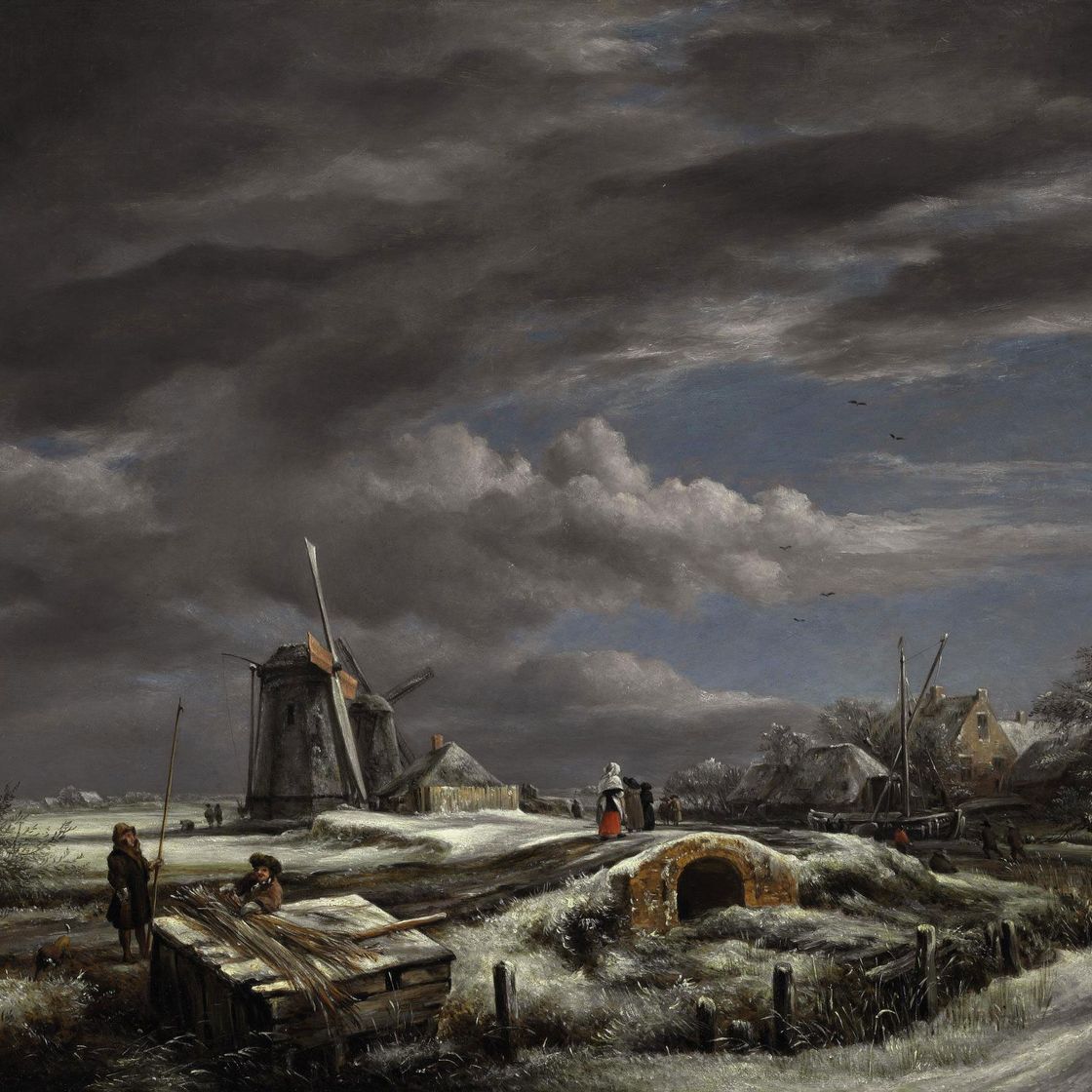 John Constable — Зимний пейзаж с фигурками на тропинке, пешеходным мостиком и ветряными мельницами за ним