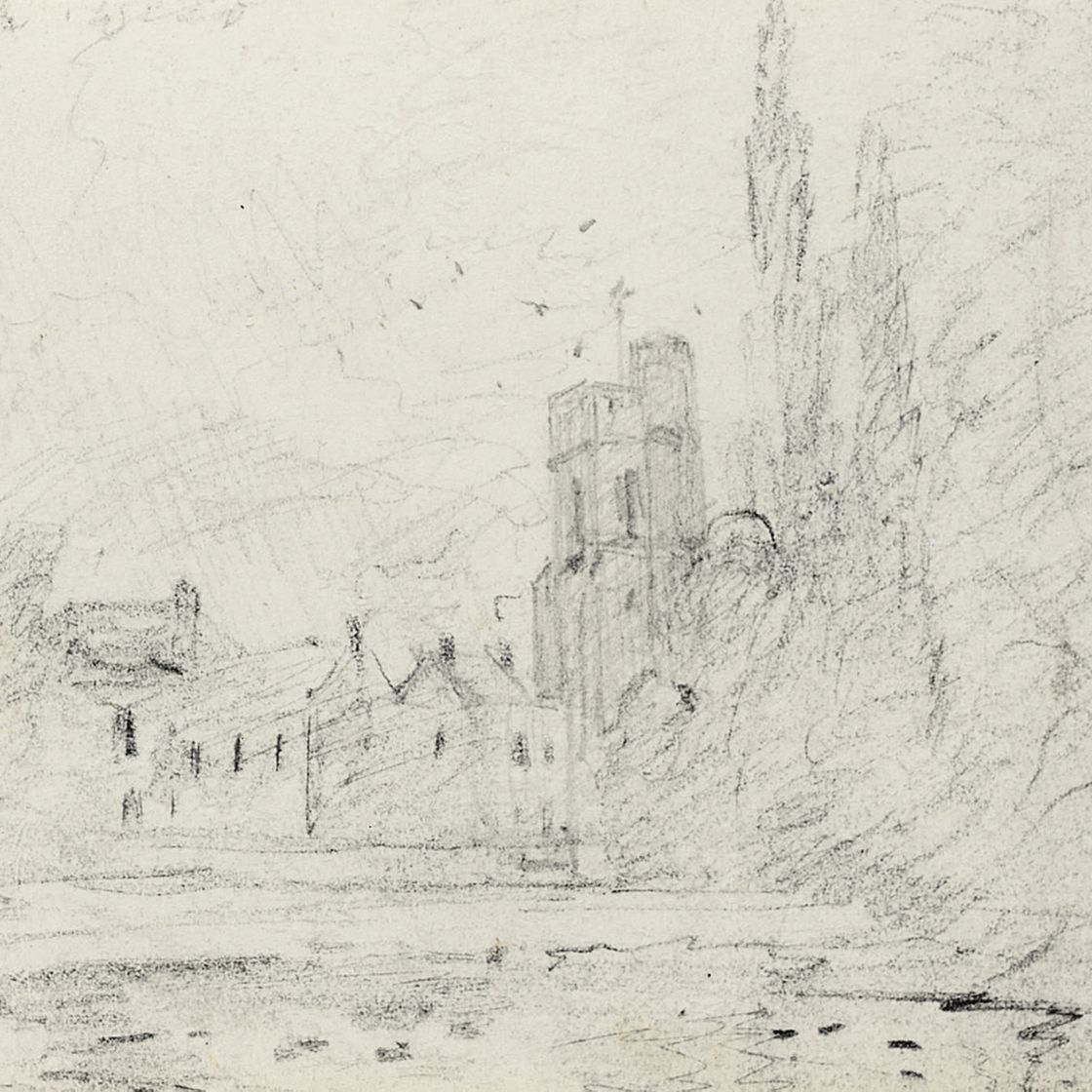 John Constable — Пейзаж со зданиями и башней, виднеющимися над водой