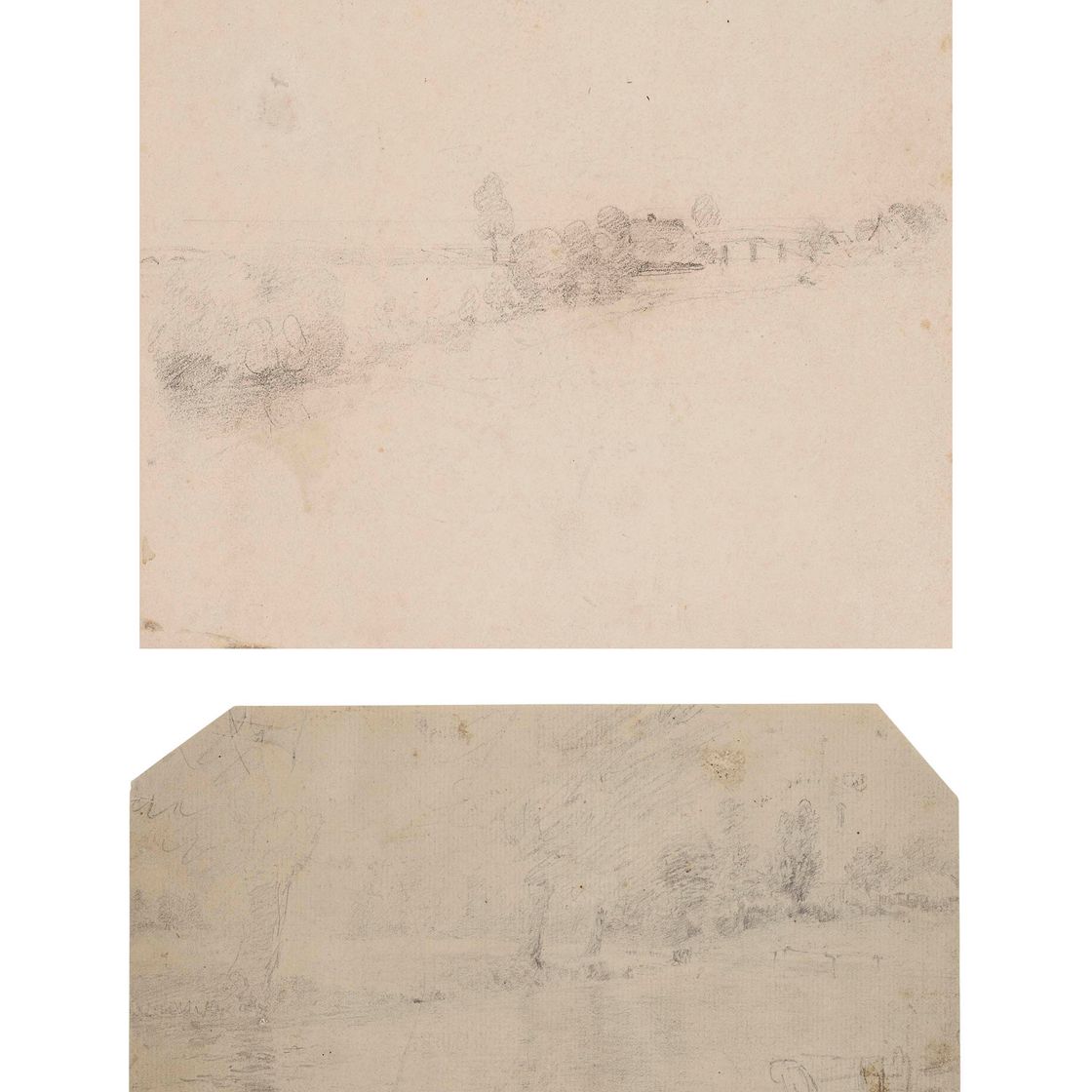 John Constable — Стоур со Стратфордским мостом Святой Марии (справа ) и черновиком письма ( справа ); и пейзаж с церковной башней, вероятно, также на реке Стоур