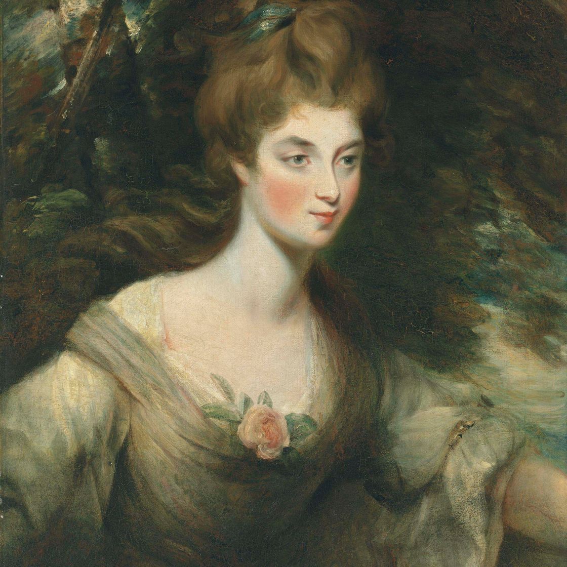 John Constable — Портрет Элизабет, леди Крофт (1754-1815), в полный рост, в белом платье, на фоне лесистого пейзажа