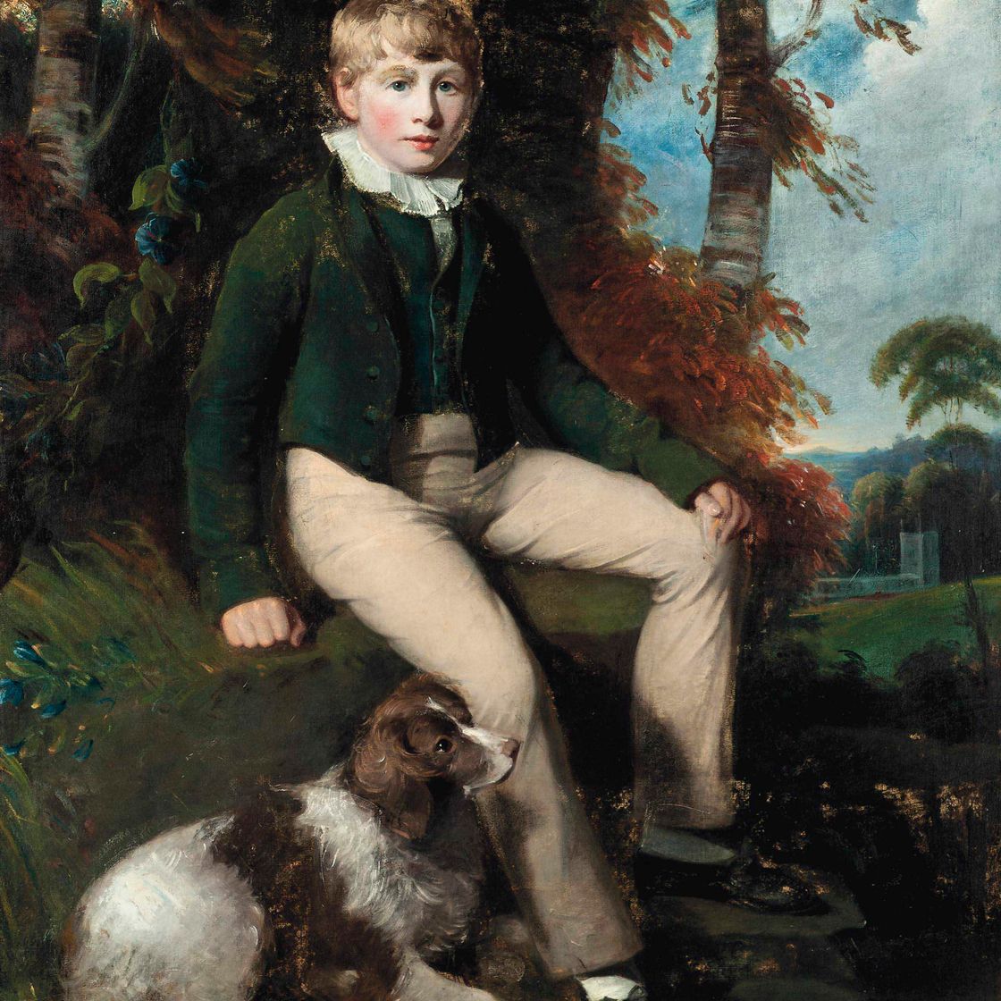 John Constable — Портрет мальчика в полный рост со спаниелем на фоне пейзажа