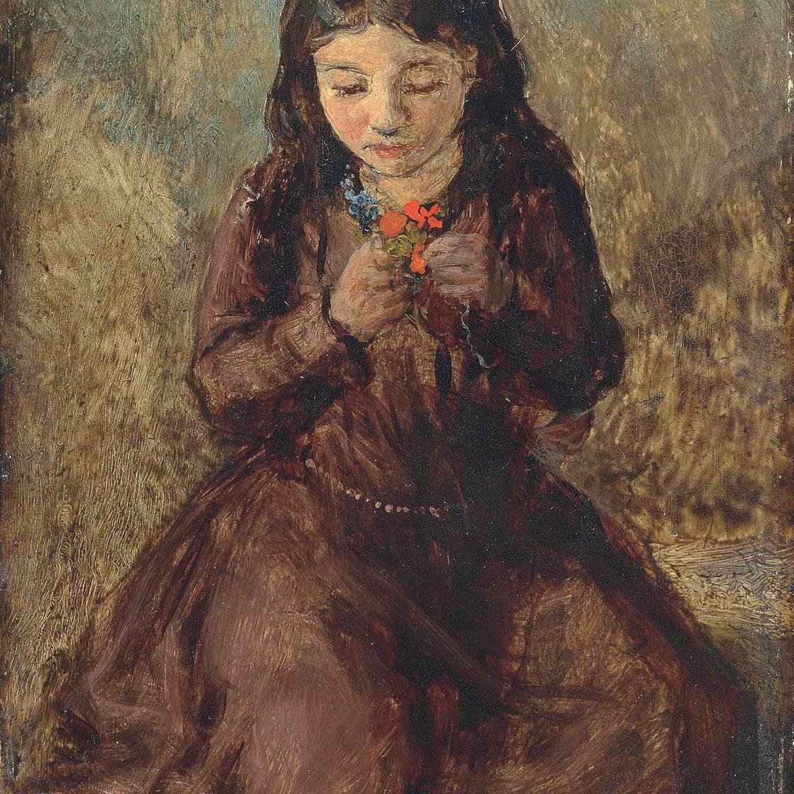 John Everett Millais — Флоренс "Побби" Томас, стоящая на коленях с букетом цветов в руках