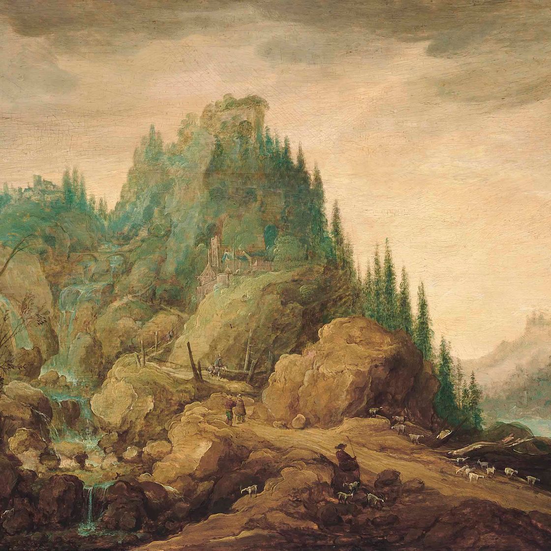 Joos De Momper — Горный лесистый речной пейзаж с водопадом и зданиями, фигурами, всадниками, пастухом и козами на тропинке