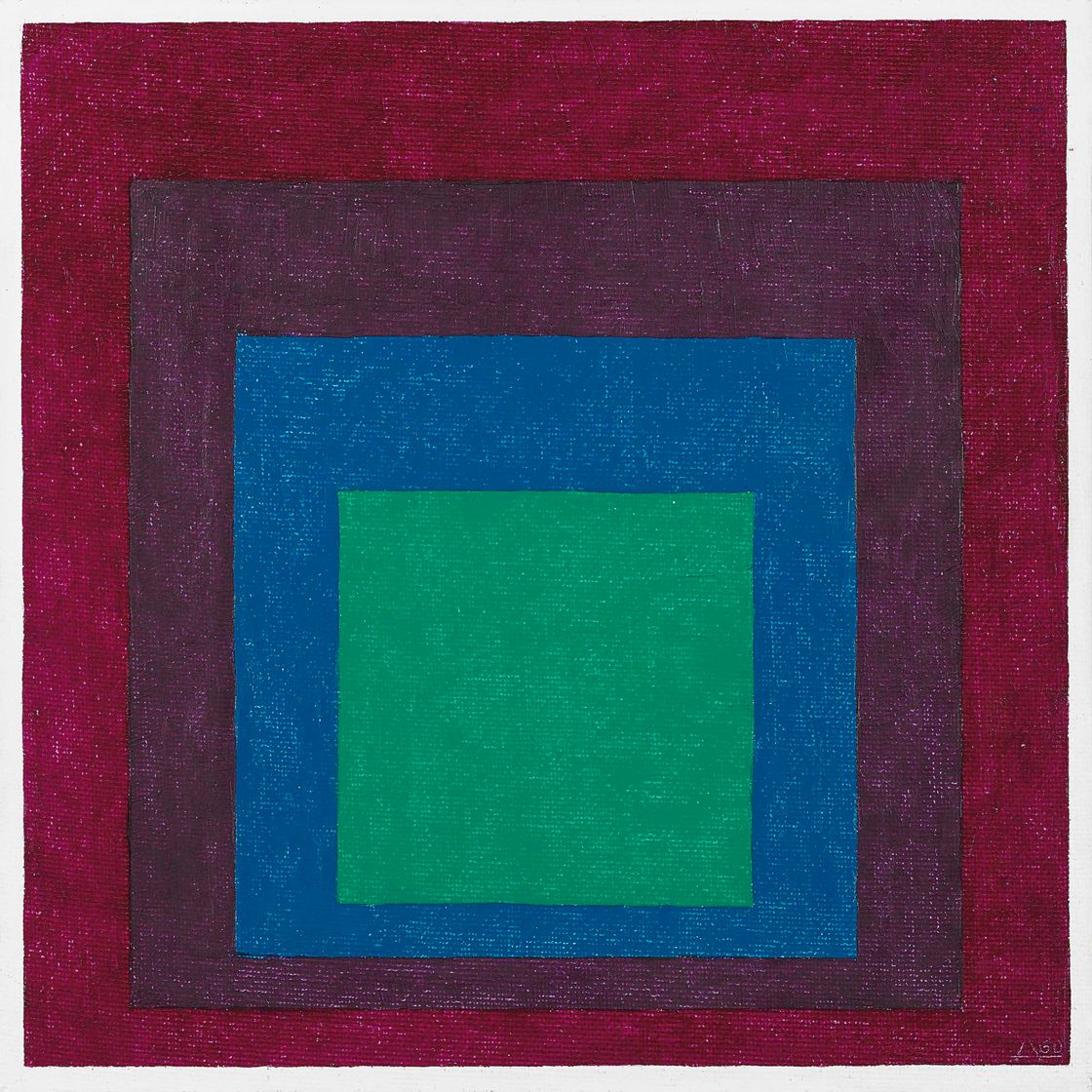 Josef Albers — Дань уважения Квадрату: Ярко-зеленый с лазурью внутри двух фиалок
