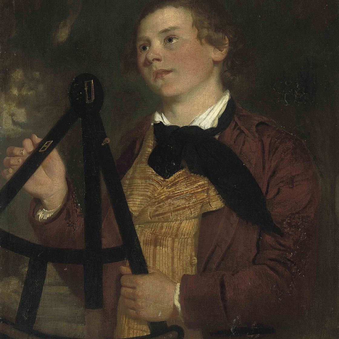 Joseph Wright Of Derby — Портрет джентльмена, которого традиционно идентифицируют как Джона Эйди Рептона, члена Фбр (1775-1860), в полный рост, в красном сюртуке, желтом жилете и черном галстуке, с геодезическим теодолитом в руках.